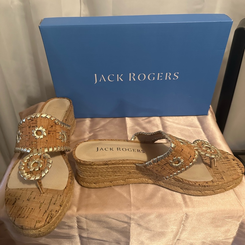 Jack Roger’s cork wedge, gold flecked cork, size 7. New in box.
